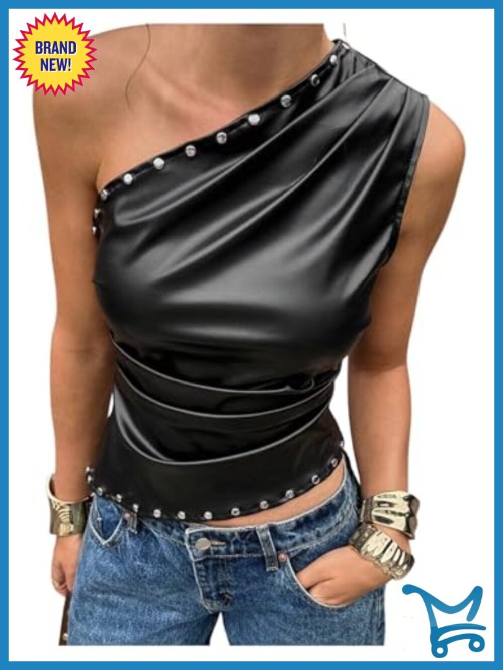 Faux Leather Studded One Shoulder Tank Top Y2K Gothic Punk Slim Fit